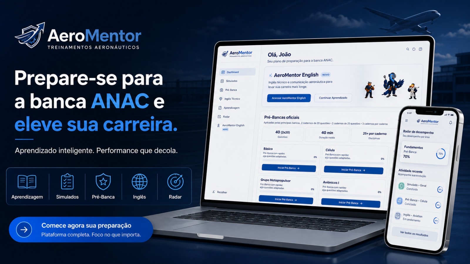 Experiência do aluno na plataforma AeroMentor: dashboard com pré-bancas no notebook e radar de desempenho no celular