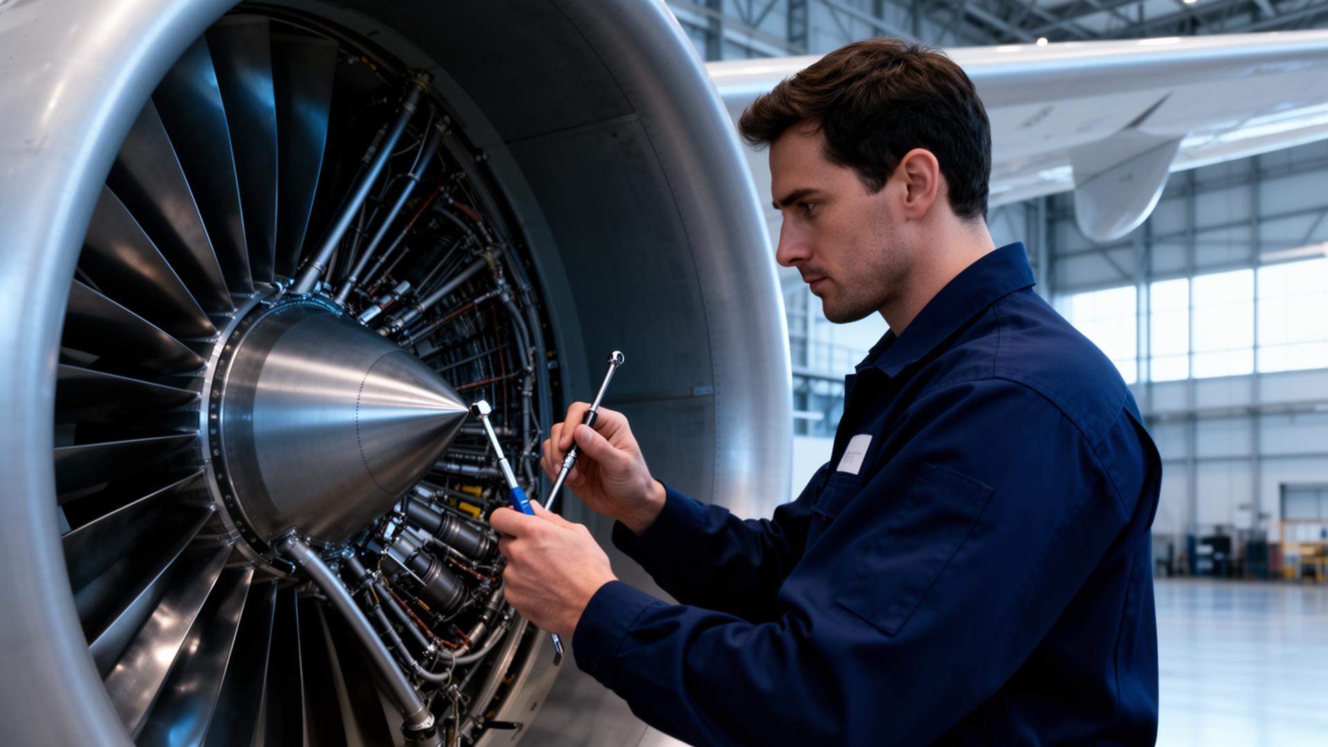 Mecânico aeronáutico em manutenção de turbina
